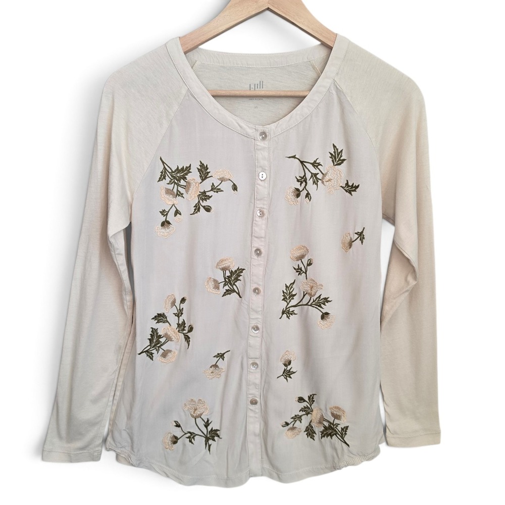 J. Jill Womens XS Floral Embroidered Top Button Cream Long Sleeve Cotton Blouse